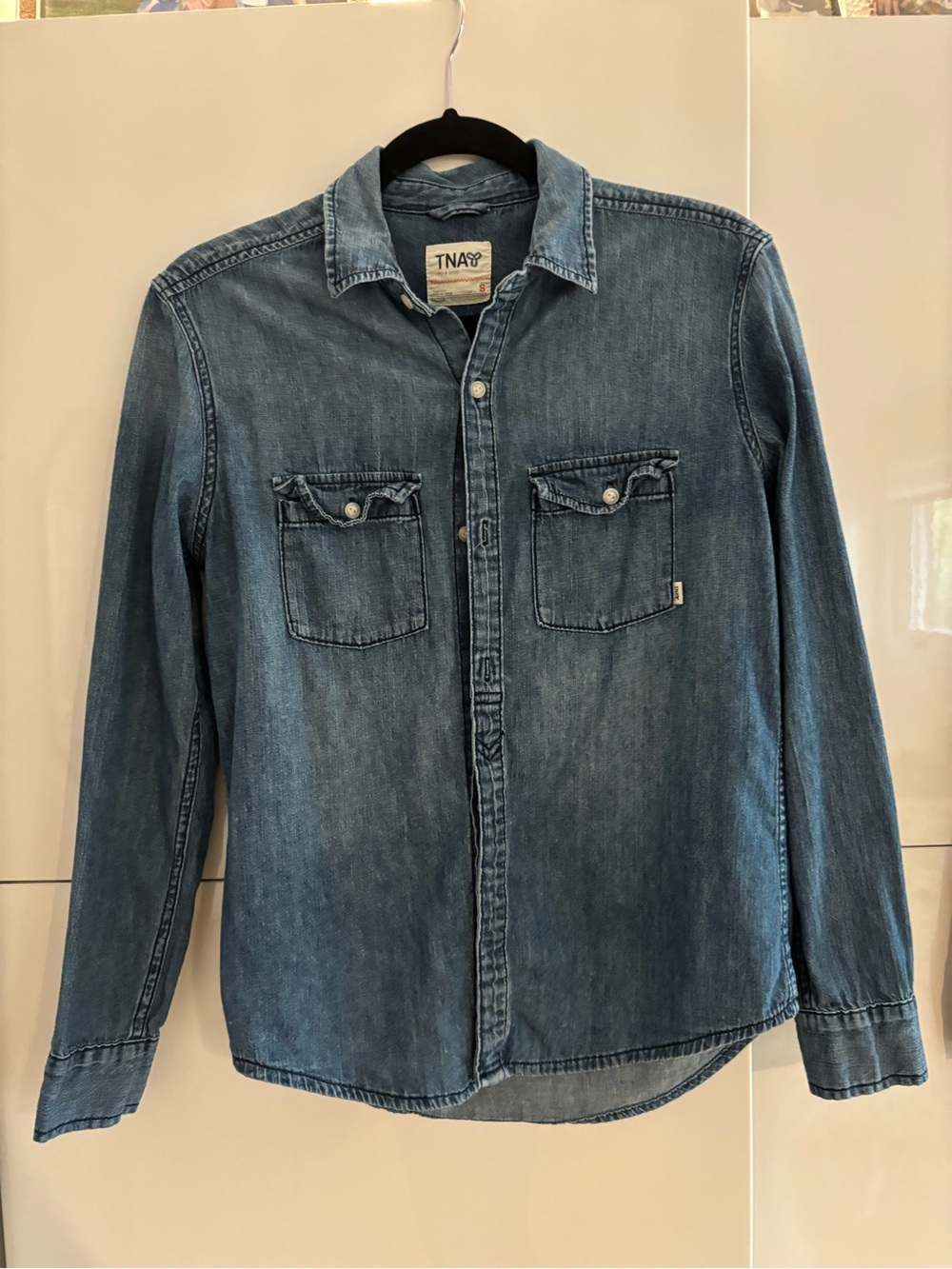 TNA Women's Denim Button-Down Shirt in Blue Boyfriend Fit